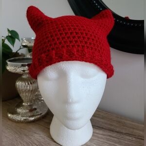 Cat Hat, Cat Beanie, Red PussyCat Beanie, Cat Lady Hat, Halloween Hat, Crochet